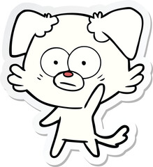 sticker of a nervous dog cartoon waving