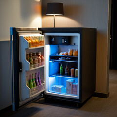Mini bar in a hotel room. Generative AI.	
