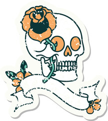 grunge sticker with banner of a skull and rose