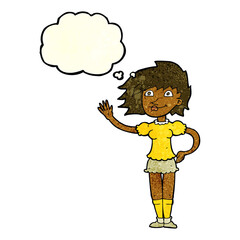 cartoon woman waving with thought bubble