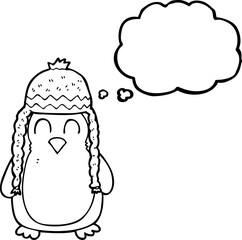 thought bubble cartoon penguin wearing hat