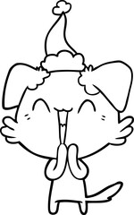 laughing little dog line drawing of a wearing santa hat