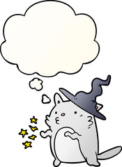 cartoon cat wizard and thought bubble in smooth gradient style