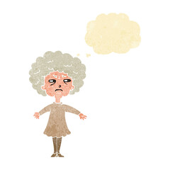 cartoon bitter old woman with thought bubble