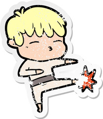 distressed sticker of a cartoon curious boy