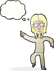 cartoon hippie man wearing glasses with thought bubble