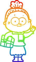 rainbow gradient line drawing cartoon happy old woman
