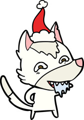 line drawing of a hungry wolf wearing santa hat