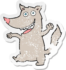 retro distressed sticker of a cartoon happy wolf