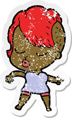 distressed sticker of a cartoon pretty hipster girl