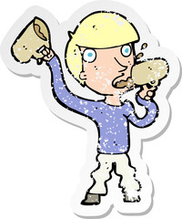 retro distressed sticker of a cartoon man drinking beer