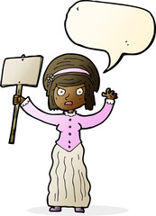 cartoon Victorian woman protesting with speech bubble
