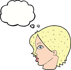 cartoon female face staring with thought bubble