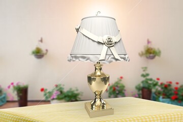 Elegant modern lamp on table in room.