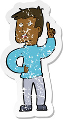 retro distressed sticker of a cartoon boy with idea