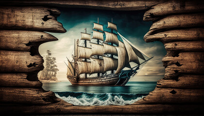 large picture covers a complete wall, wooden planks, and an old sailing ship - Powered by Adobe