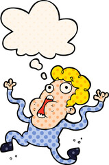 cartoon terrified man and thought bubble in comic book style
