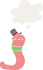 cute cartoon worm and thought bubble in retro style