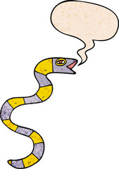 hissing cartoon snake and speech bubble in retro texture style