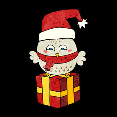 retro cartoon cute christmas owl on gift