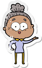 distressed sticker of a cartoon happy old woman