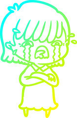 cold gradient line drawing cartoon girl crying