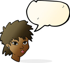 cartoon curious girl with speech bubble