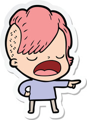 sticker of a cartoon cool hipster girl talking