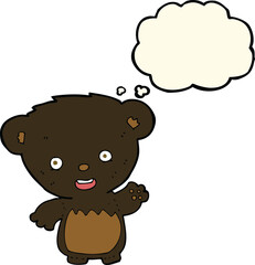cartoon black bearcub waving with thought bubble