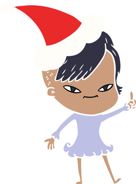 cute flat color illustration of a girl with hipster haircut wearing santa hat