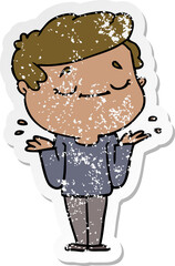 distressed sticker of a cartoon peaceful man shrugging