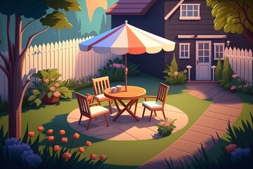 Obraz na płótnie Canvas cartoon illustration, back garden with table, sofa and armchairs, ai generative