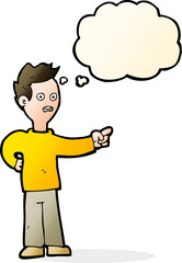 cartoon shocked boy pointing with thought bubble
