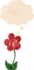 cartoon flower and thought bubble in retro textured style