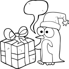speech bubble cartoon christmas penguin with present
