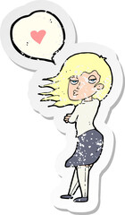 retro distressed sticker of a cartoon woman talking about love