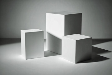 White square podiums in sunlight with shadow in white space. Showcase for products - Generative AI