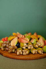 A plate of fruits on a background of mint color