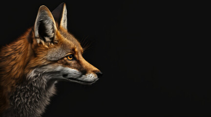 portrait of a red fox, photo studio set up with key light, isolated with black background and copy space - generative ai