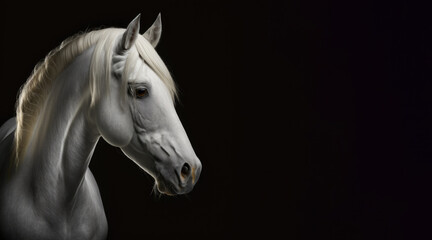 Fototapeta na wymiar portrait of a white horse, photo studio set up with key light, isolated with black background and copy space - generative ai