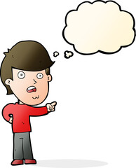 cartoon shocked man pointing with thought bubble