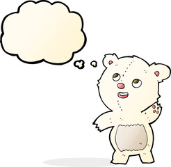 cartoon cute waving polar bear teddy with thought bubble