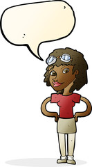 cartoon retro pilot woman with speech bubble
