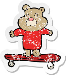 retro distressed sticker of a cartoon bear on skateboard