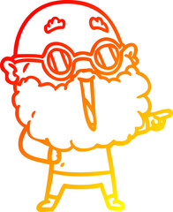 warm gradient line drawing cartoon joyful man with beard pointing finger