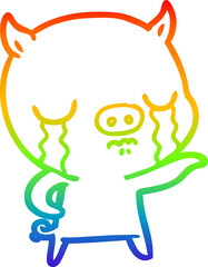 rainbow gradient line drawing cartoon pig crying pointing