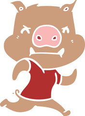 Fototapeta premium angry flat color style cartoon pig running