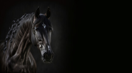 Fototapeta na wymiar portrait of a black horse, photo studio set up with key light, isolated with black background and copy space - generative ai