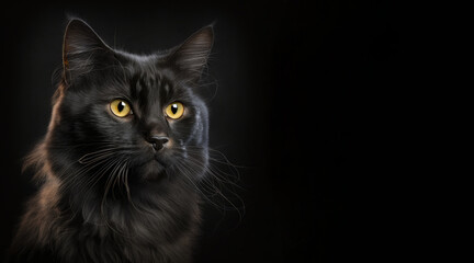 portrait of a black cat, photo studio set up with key light, isolated with black background and copy space - generative ai