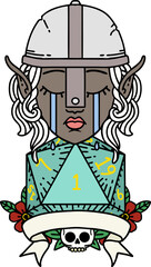 crying elf fighter character face with natural one D20 roll illustration